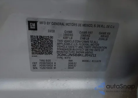 2019 Chevrolet Trax Ls z USA, uszkodzony, nr VIN 3GNCJNSB8KL204211